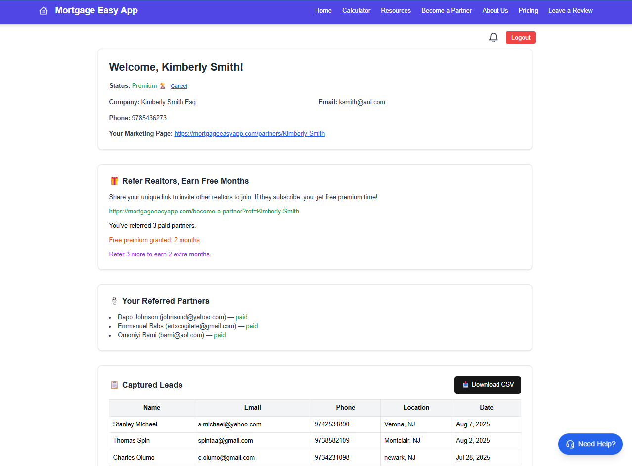 Partner dashboard with captured leads